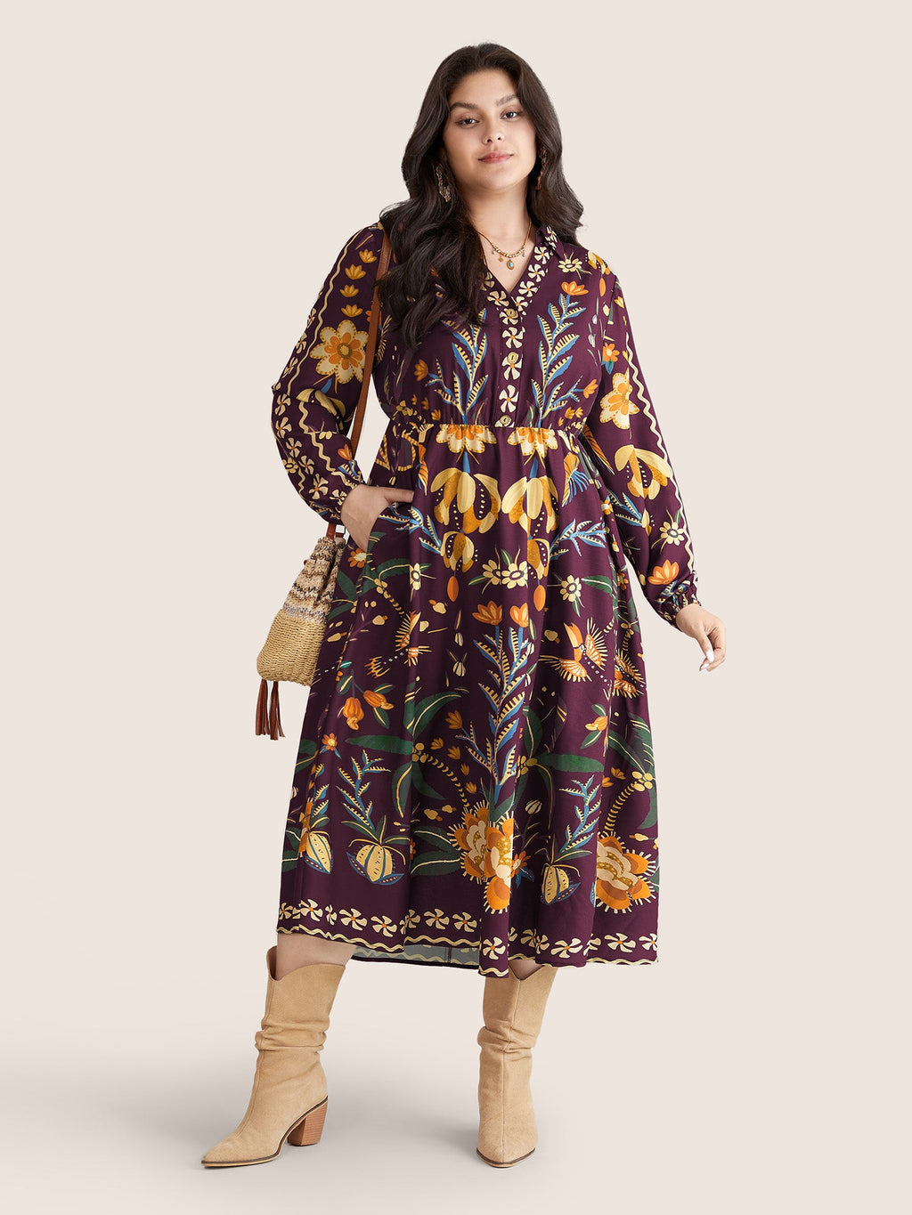 Bandana Print Pocket Lapel Collar Elastic Cuffs Dress