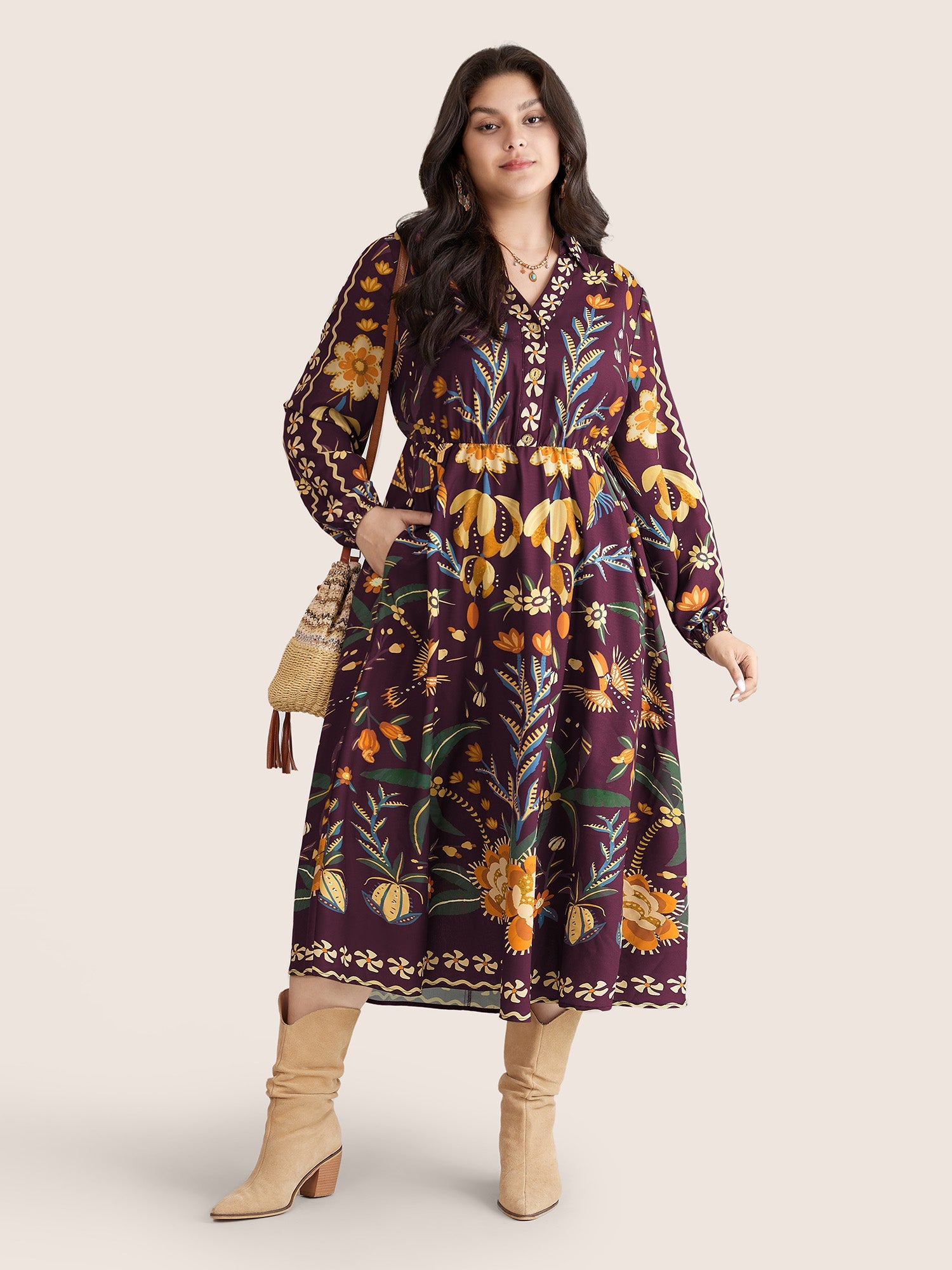 Bandana Print Pocket Lapel Collar Elastic Cuffs Dress