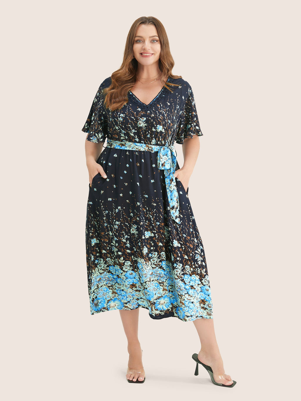 Floral & Butterfly Print Contrast Lace Pocket Belted Ruffles Dress