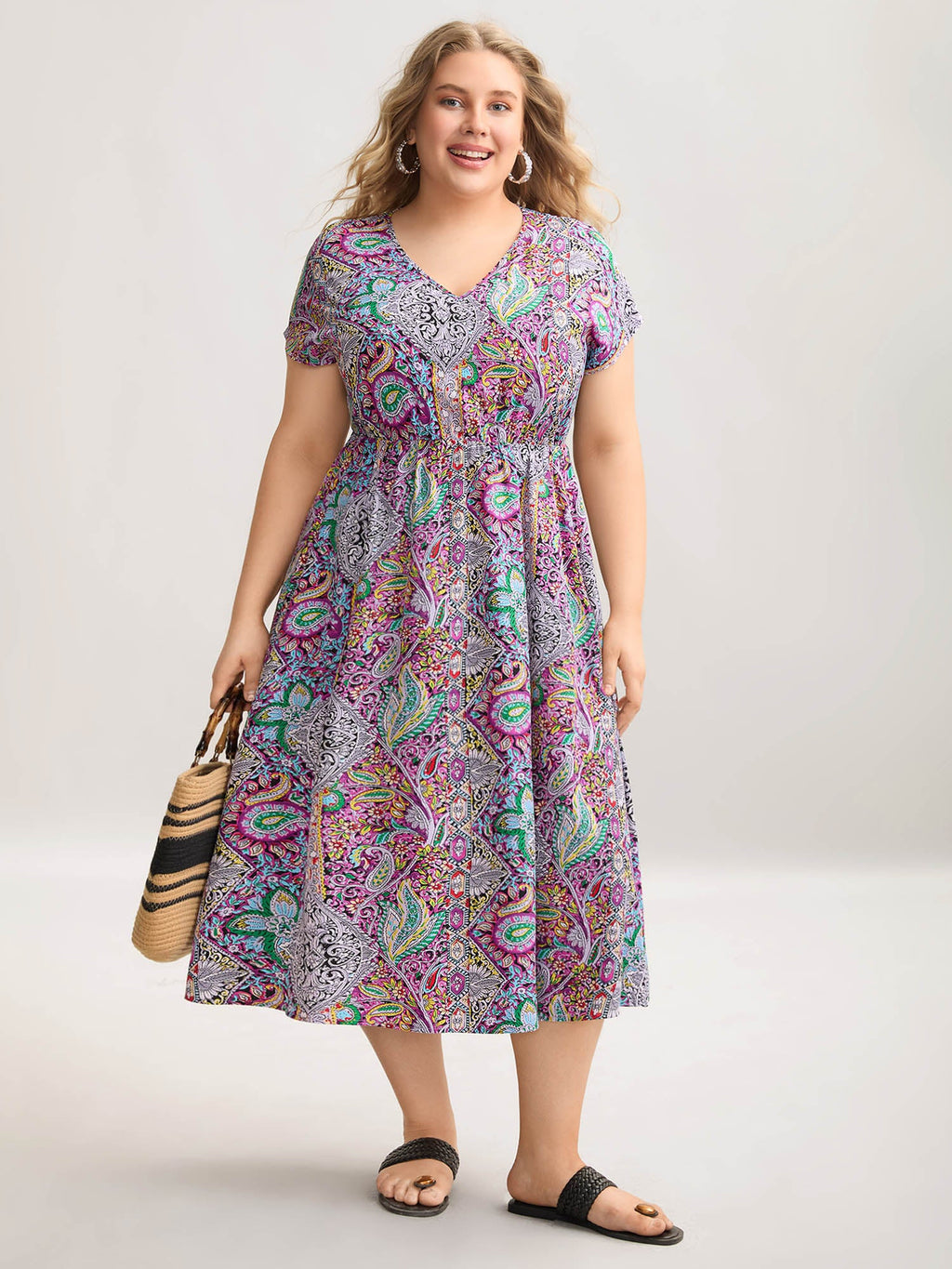 Paisley Print Pockets V-Neck Midi Dress