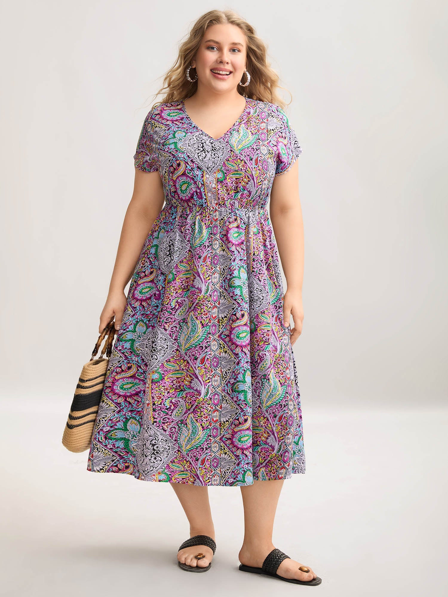 Paisley Print Pockets V-Neck Midi Dress