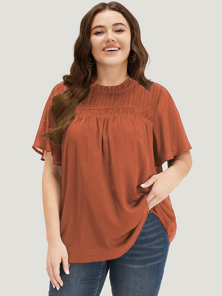 Anti-Wrinkle Shirred Ruffle Sleeve Mesh Frill Trim Blouse