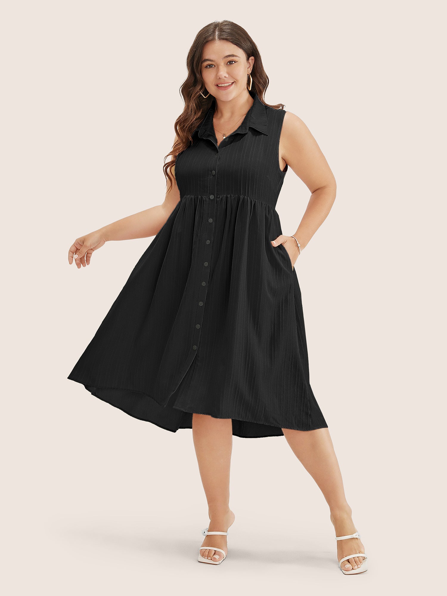 Solid Shirt Collar Ruffle Pocket High Low Hem Button Up Dress