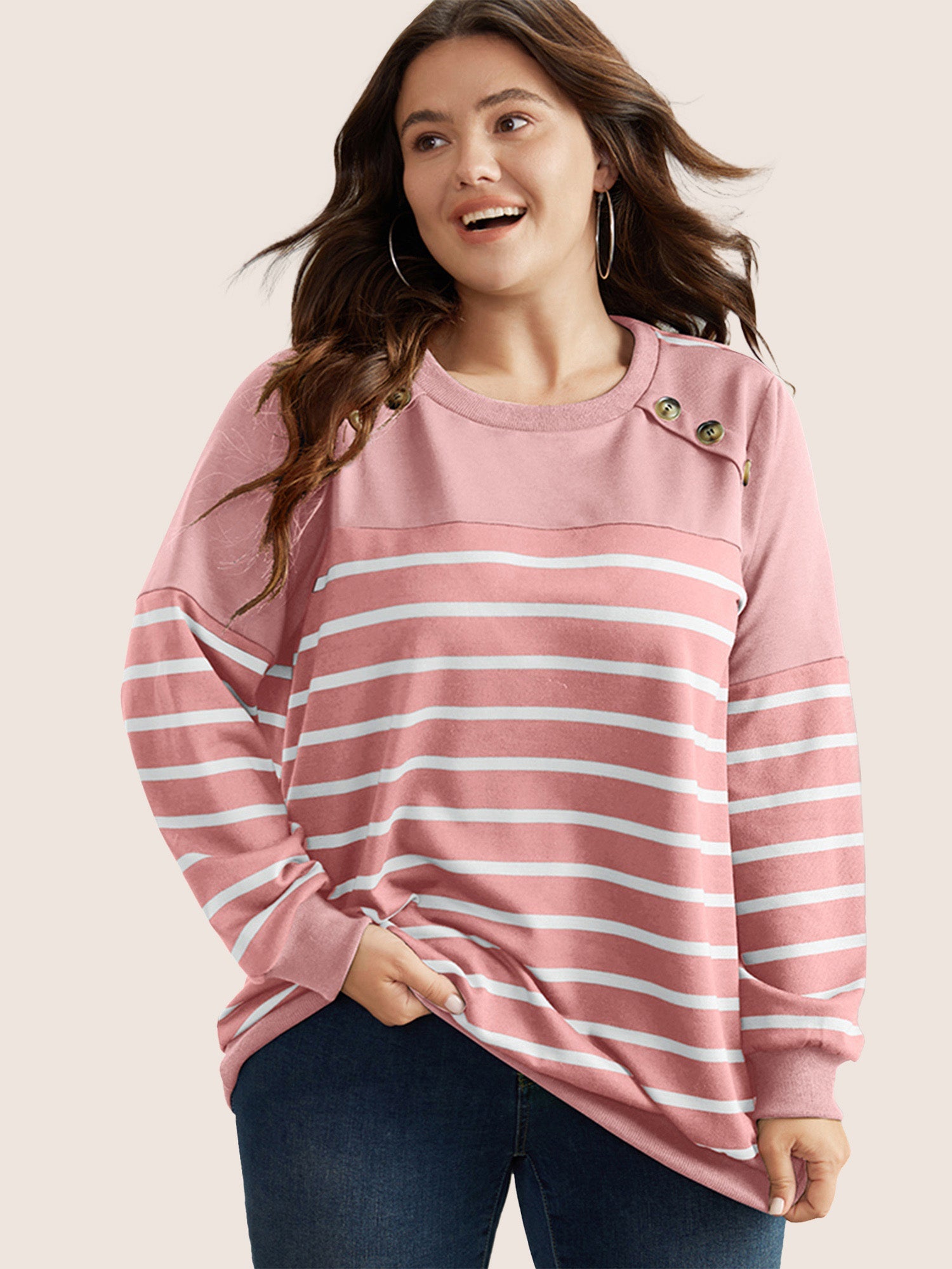 Striped Patchwork Button Detail Sweatshirt