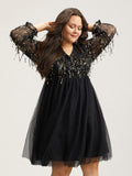 Sequin Mesh Patchwork Tassel Dress