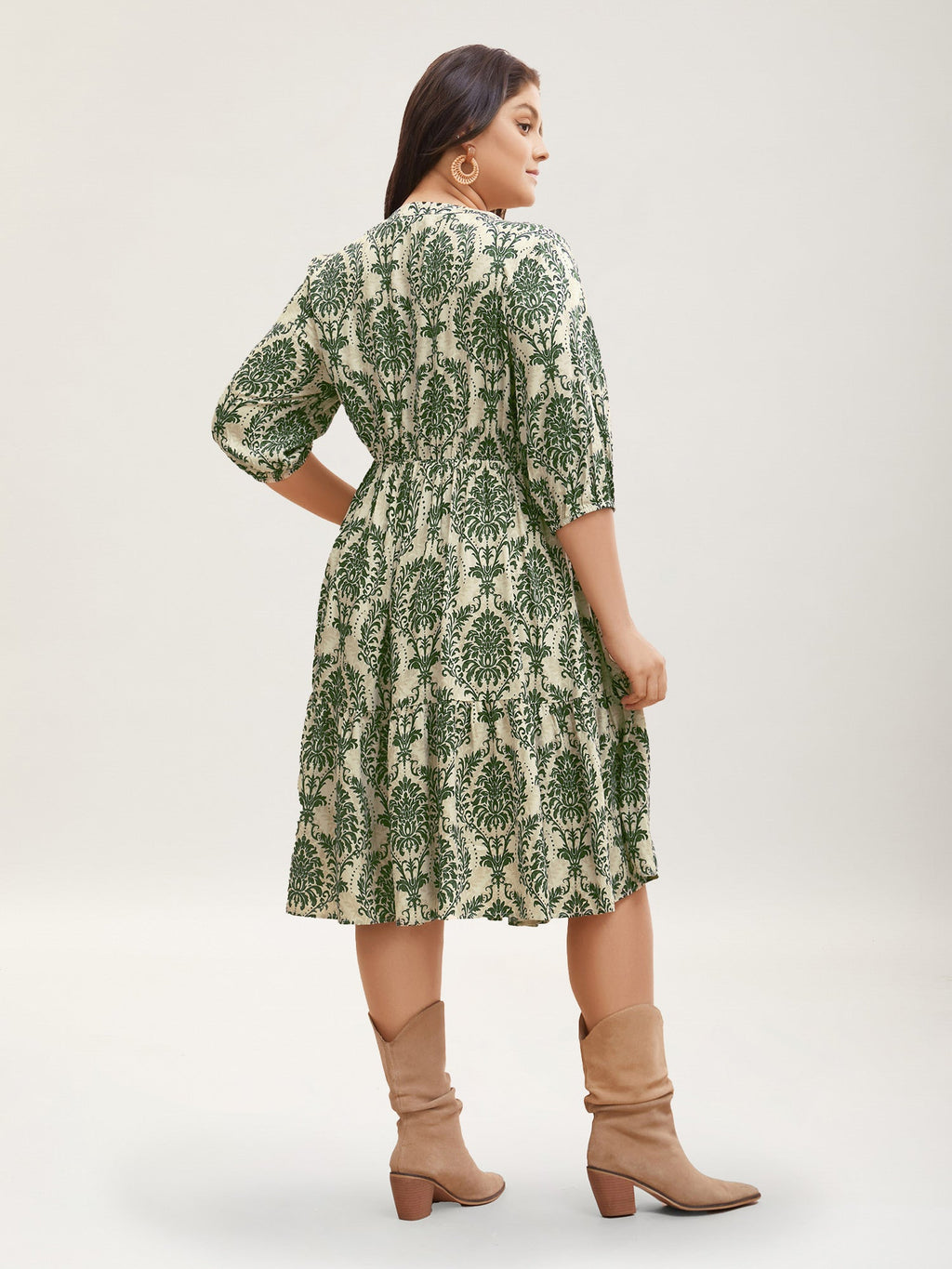 Boho Print Tie Knot Puff Sleeve Dress