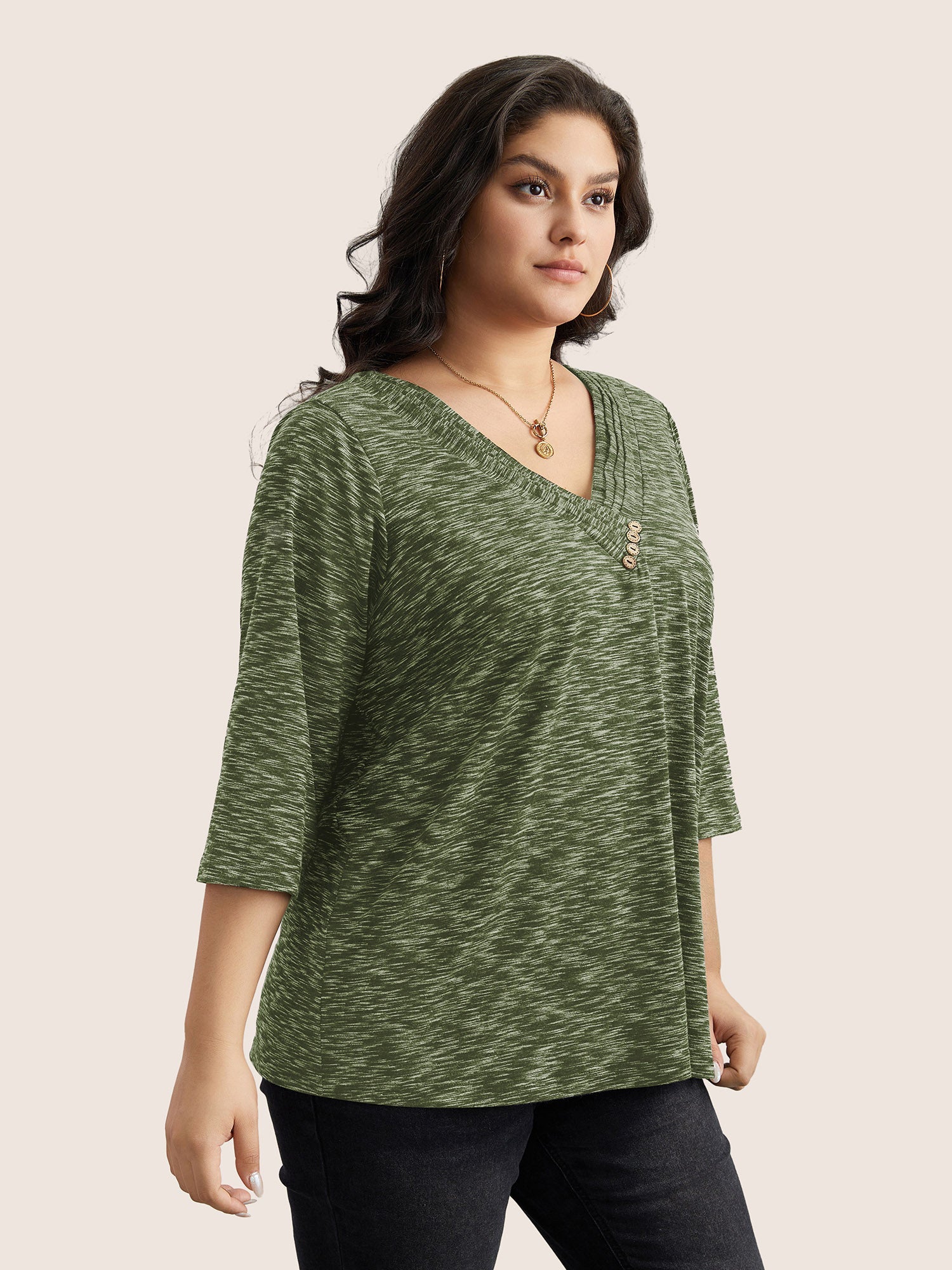 Heather Pleated Button Detail T-shirt