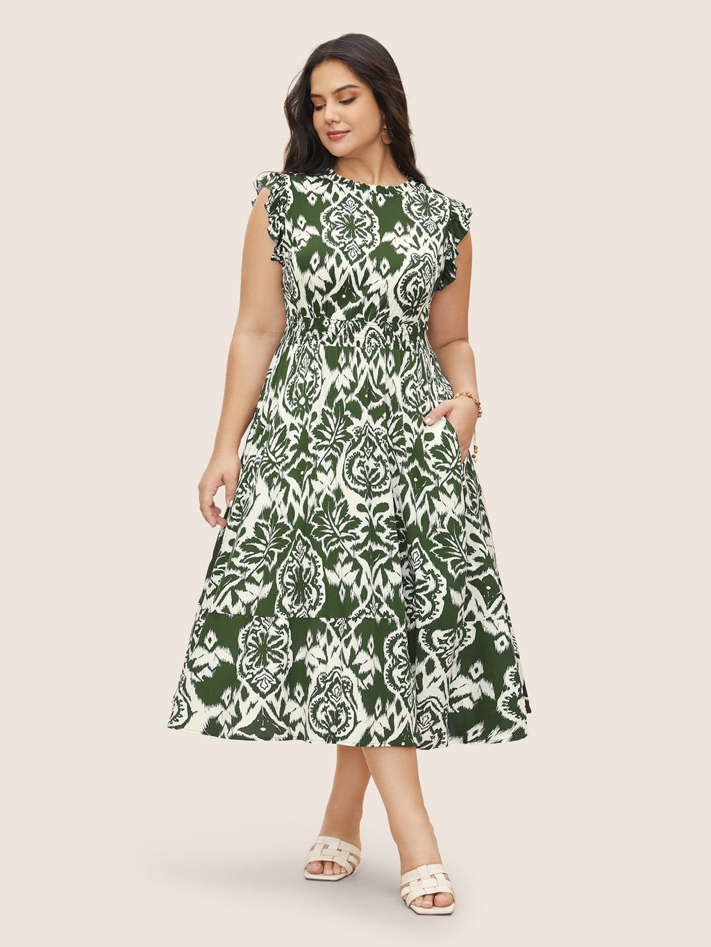 Boho Print Mock Neck Shirred Ruffle Cap Sleeve Dress