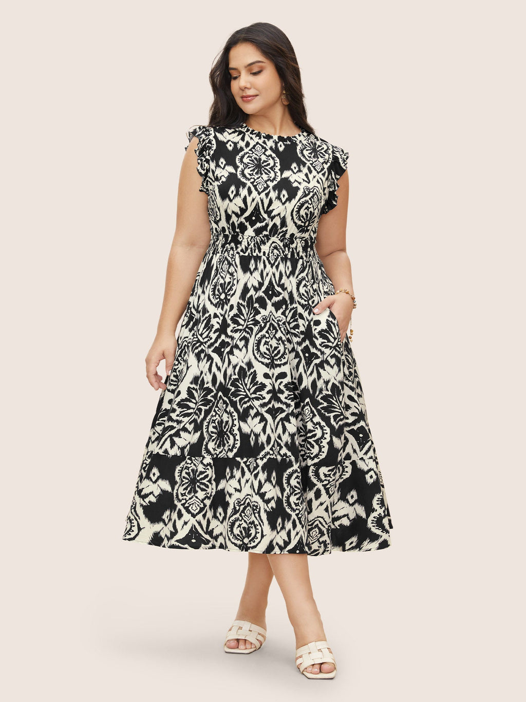 Boho Print Mock Neck Shirred Ruffle Cap Sleeve Dress