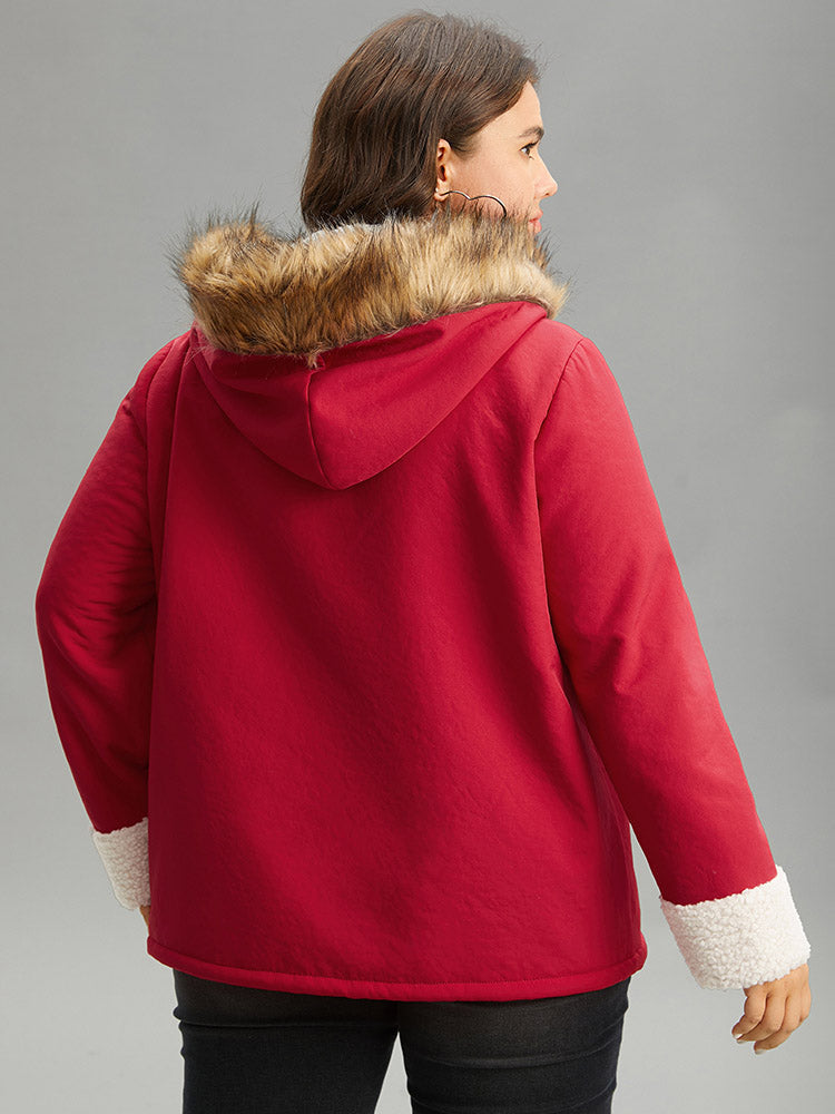 Patchwork Fuzzy Trim Pocket Hooded Jacket