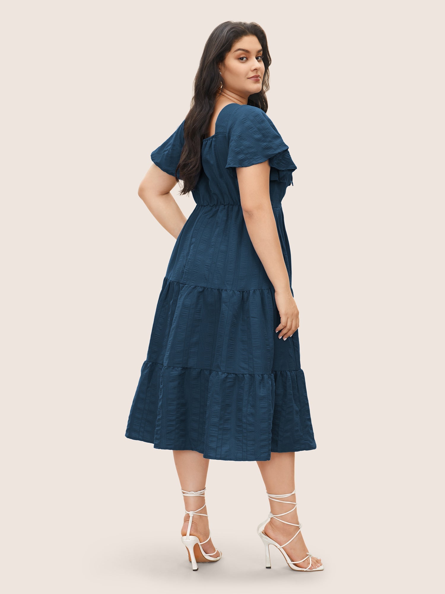 Plain Ruched Drawstring Pocket Ruffle Tiered Dress