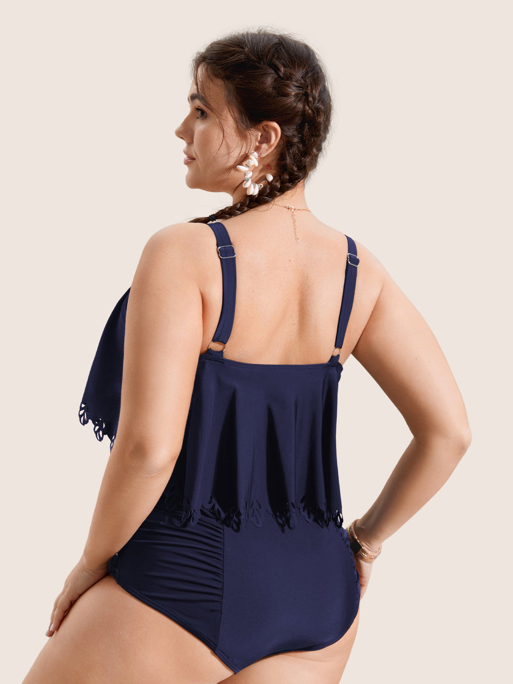Solid Ruffle Trim Laser Cut Swim Top