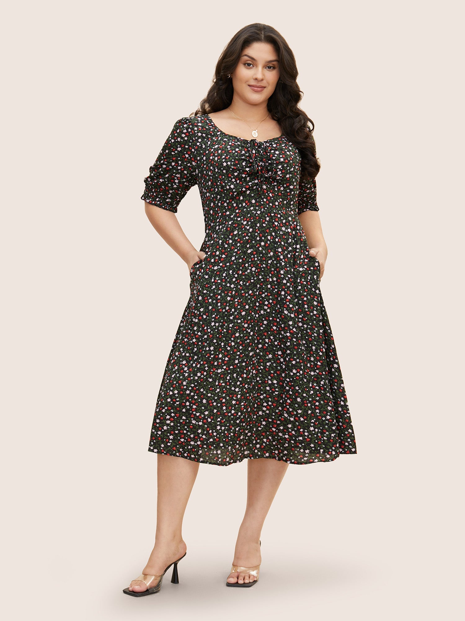 Ditsy Floral Drawstring Shirred Cuffs Dress