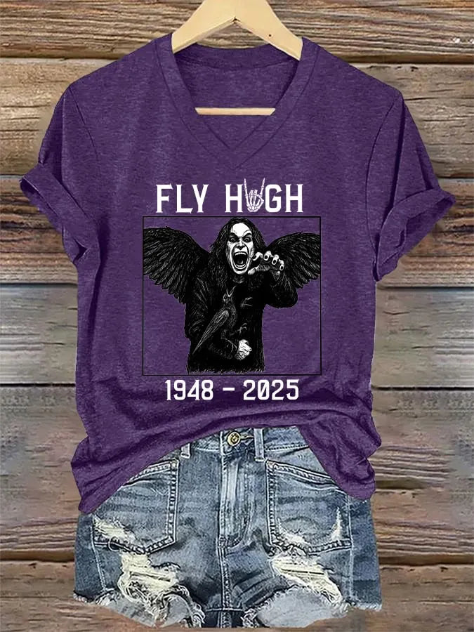V-Neck Retro Rip Prince Of Darkness Fly High Print T-Shirt
