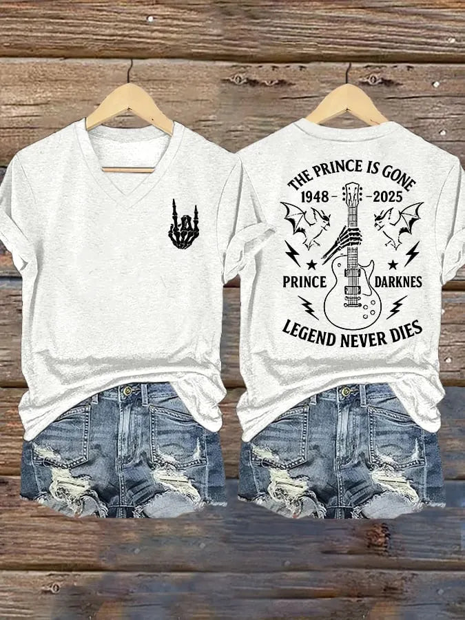 Women's Rock Legend Memorial THE PRINCE IS GONE LEGEND NEVER DIES V-Neck T-Shirt