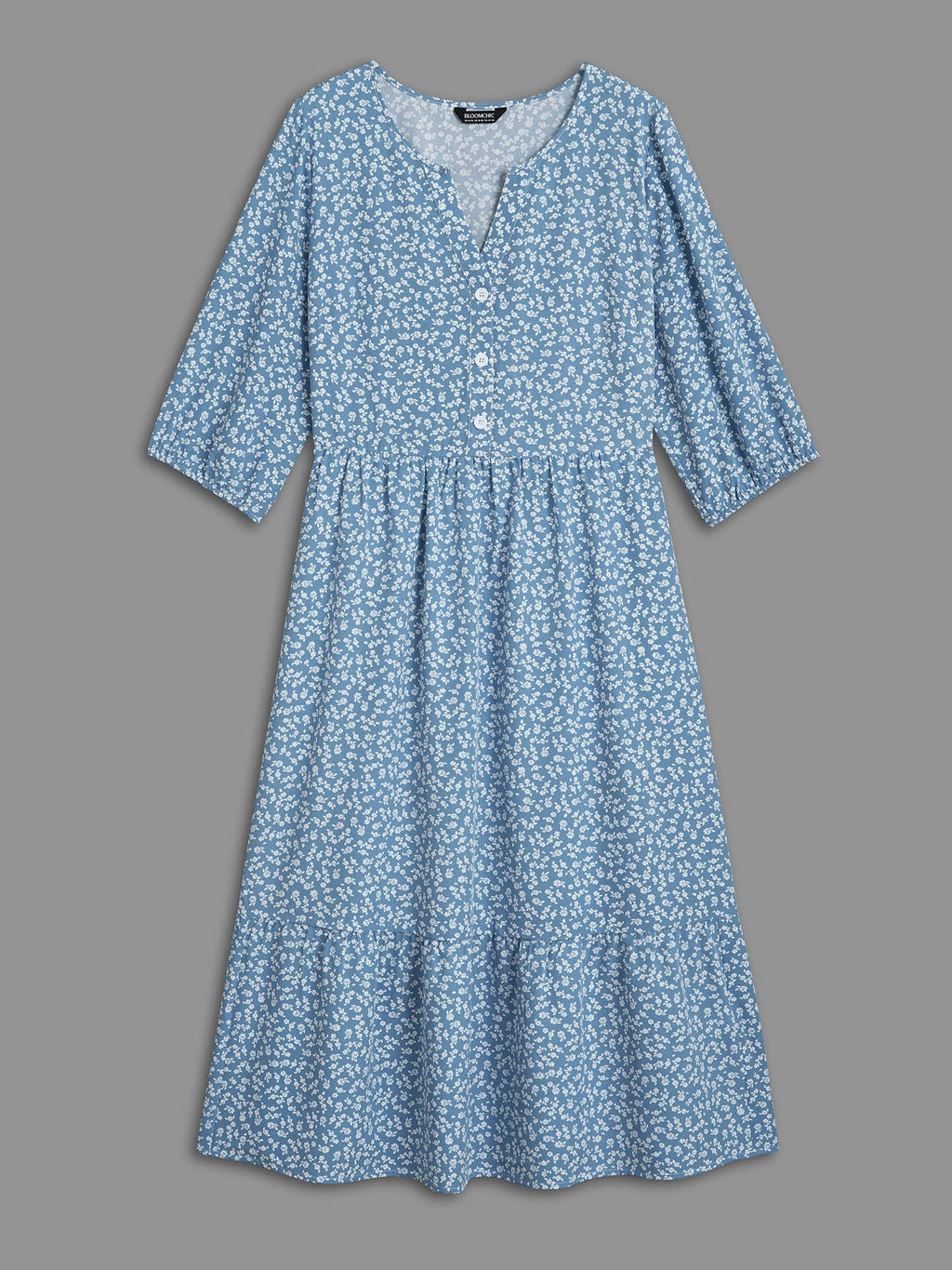 Notched Ditsy Floral Button Midi Dress