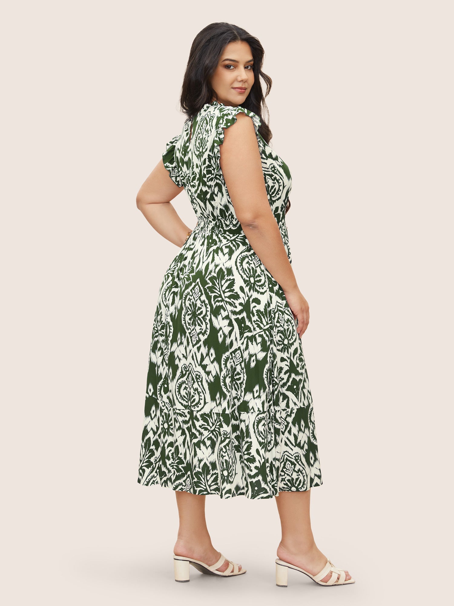 Boho Print Mock Neck Shirred Ruffle Cap Sleeve Dress