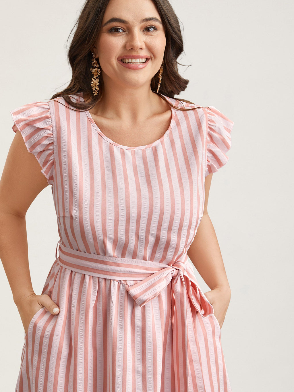 Pastel Stripes Belted Pockets Midi Dress