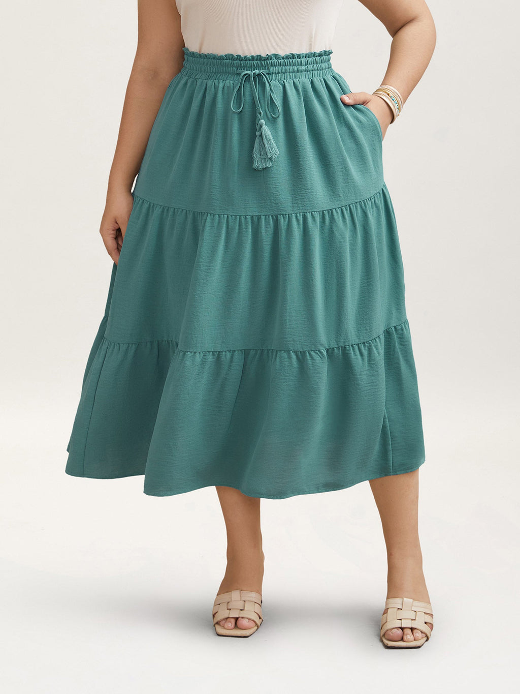 Smocked Waist Lace Tiered Midi Skirt