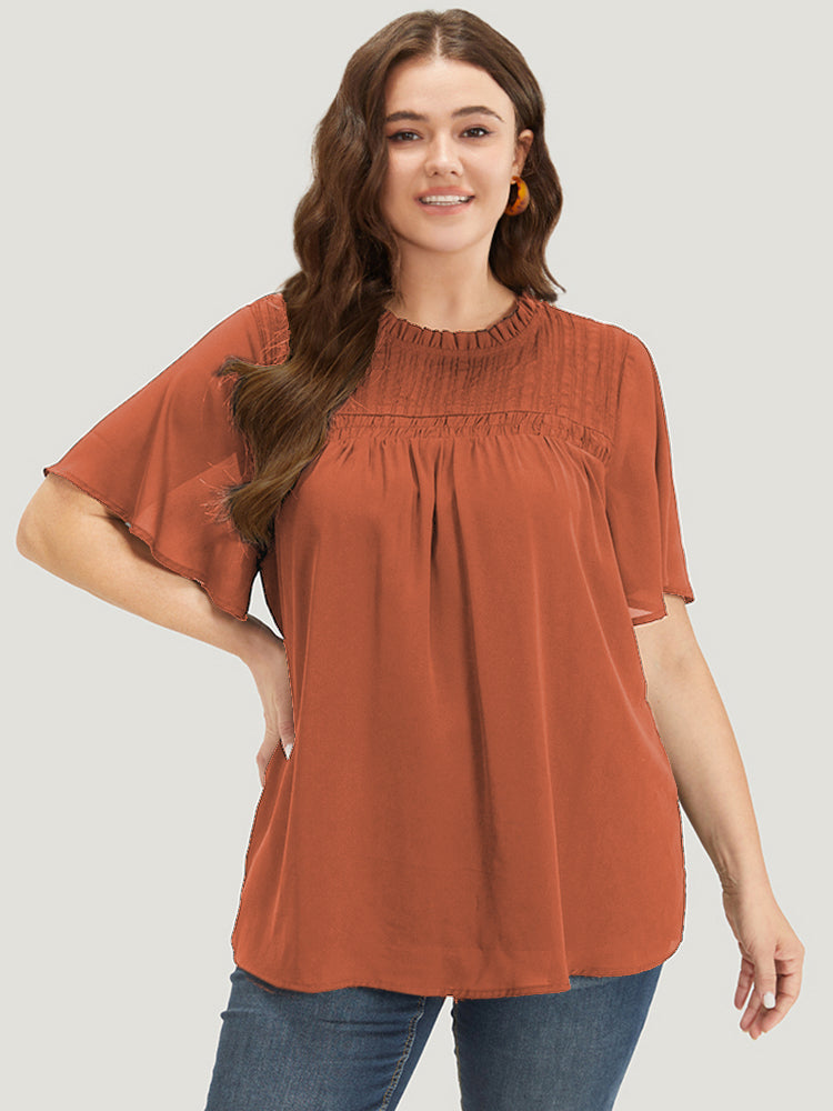 Anti-Wrinkle Shirred Ruffle Sleeve Mesh Frill Trim Blouse