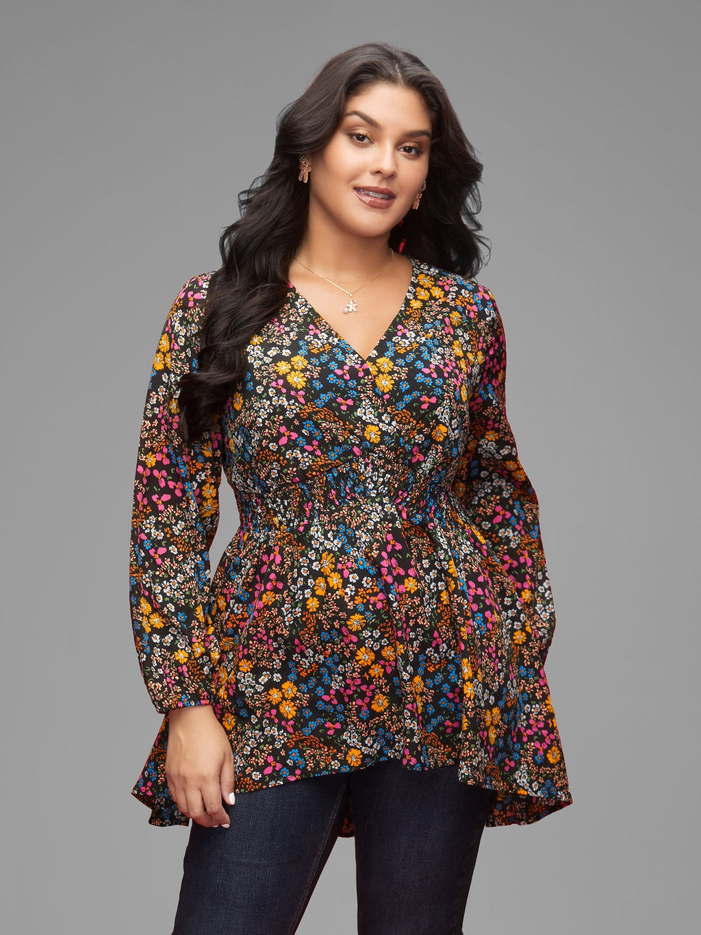 Floral Smocked Waistline Surplice Neck Blouse