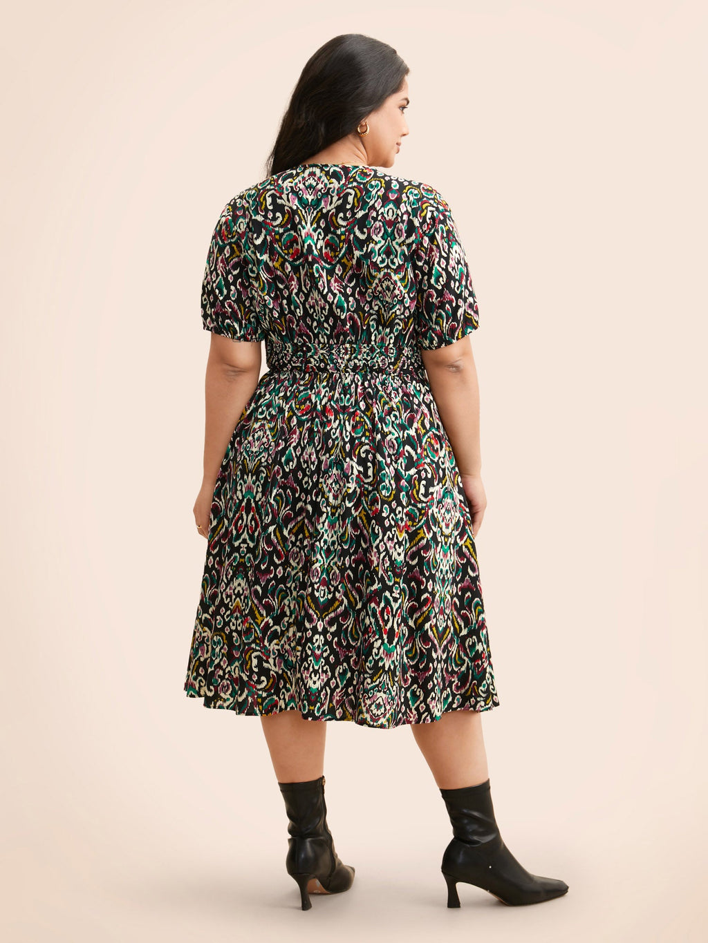 Bandana Print V Neck Shirred Gathered Dress