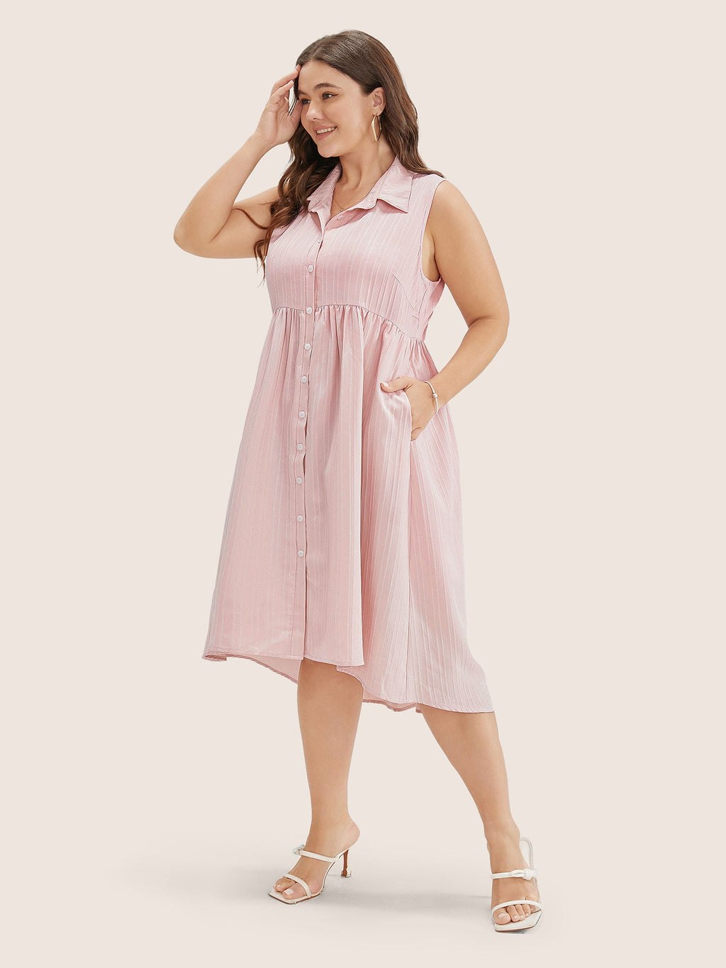 Solid Shirt Collar Ruffle Pocket High Low Hem Button Up Dress