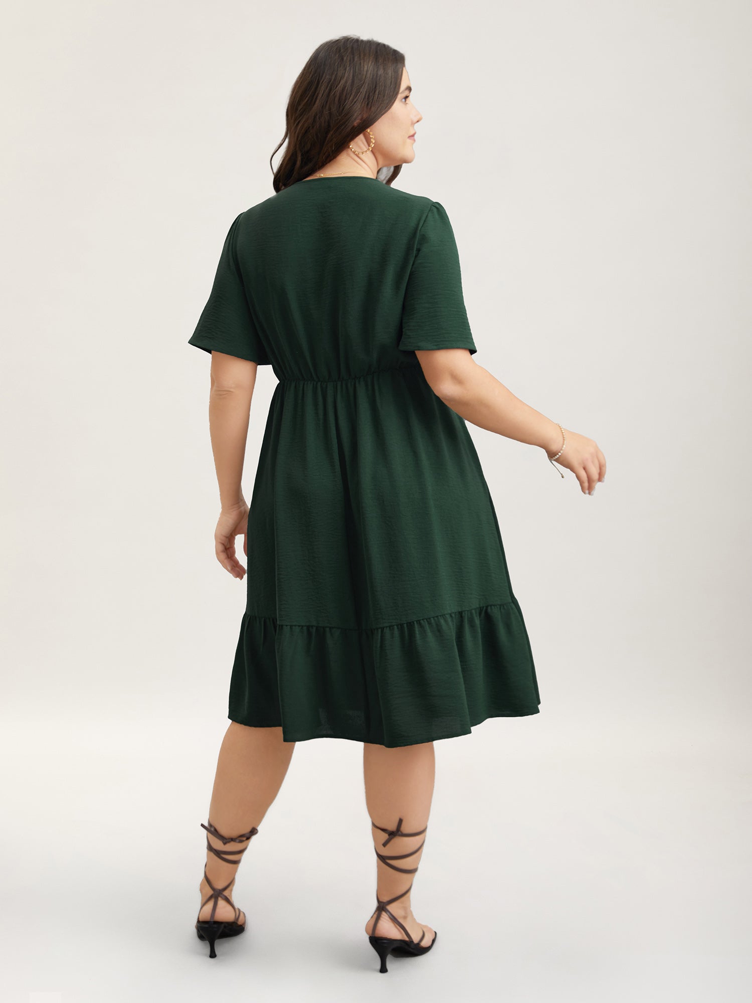 Bib-Front V-Neck Pockets Tiered Midi Dress