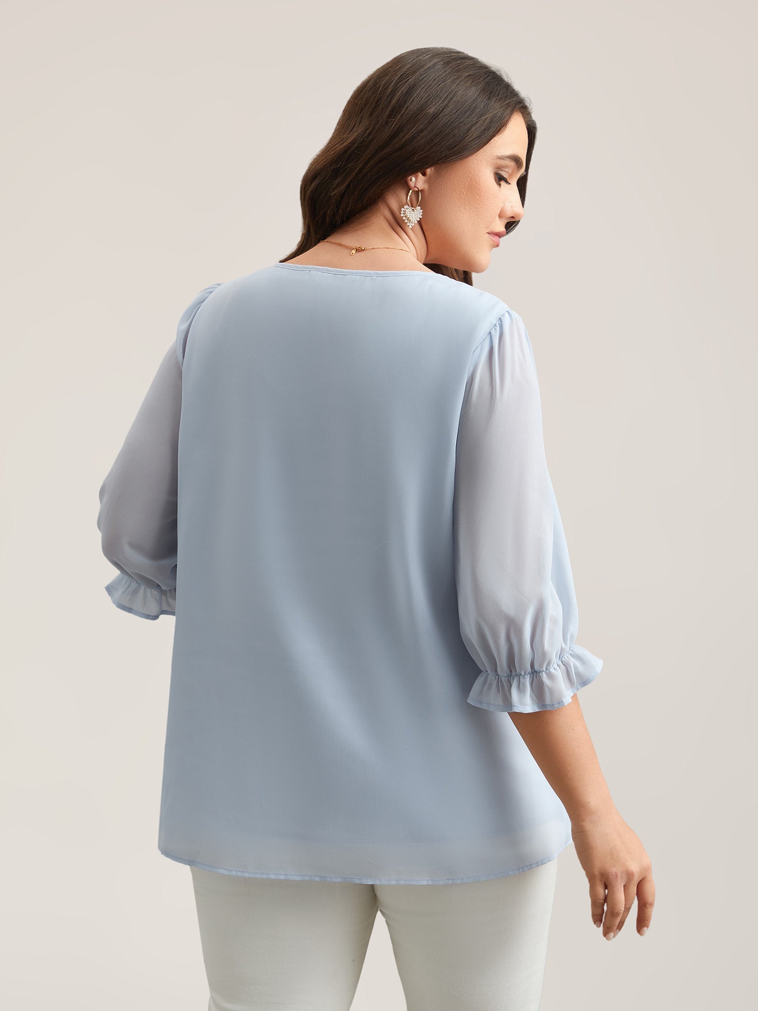 Chiffon Embroidery Puff Sleeve Pleated Shirt