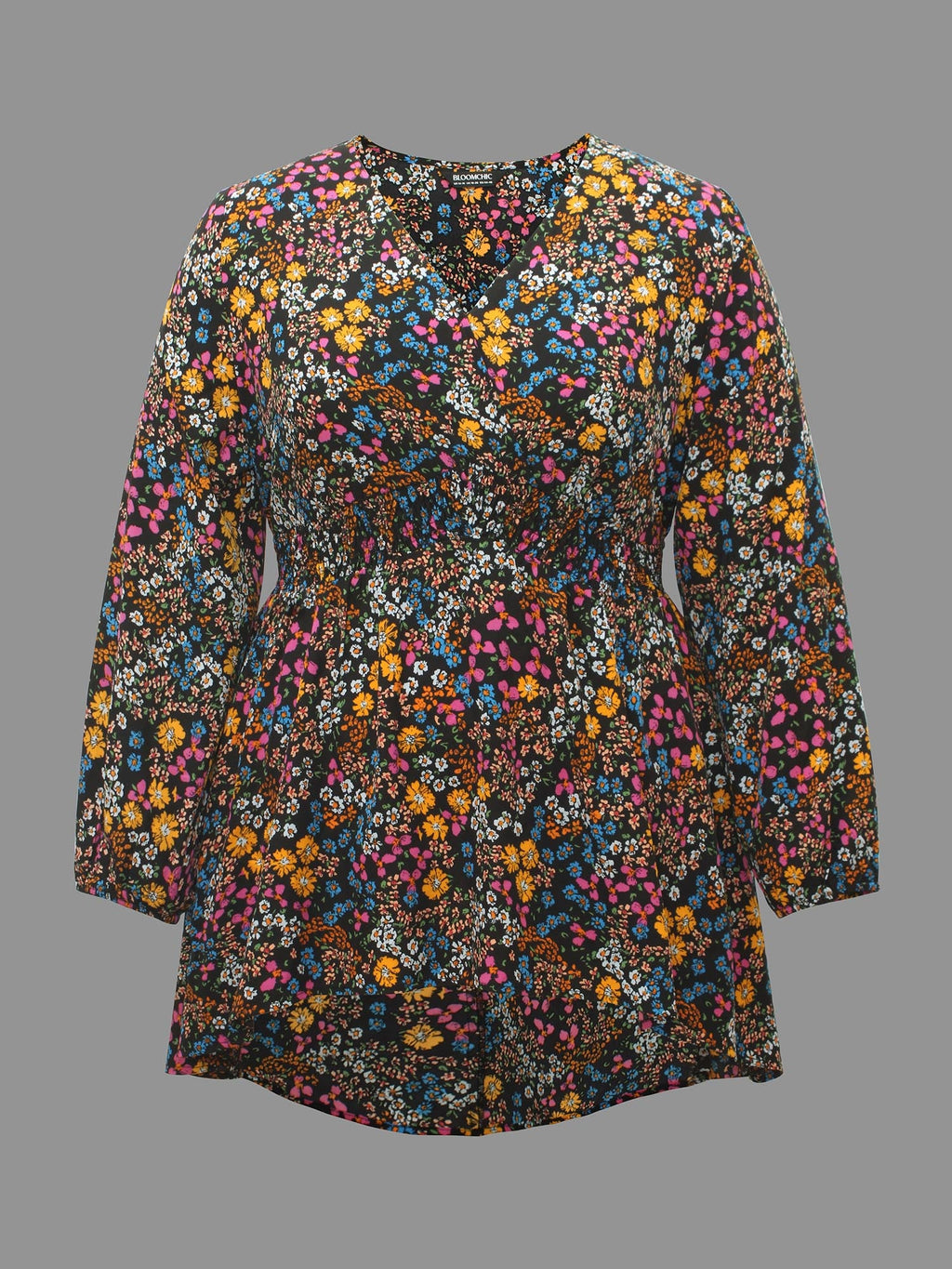 Floral Smocked Waistline Surplice Neck Blouse
