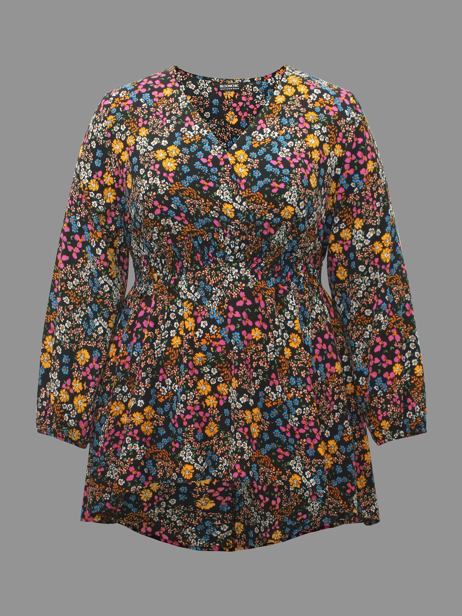 Floral Smocked Waistline Surplice Neck Blouse