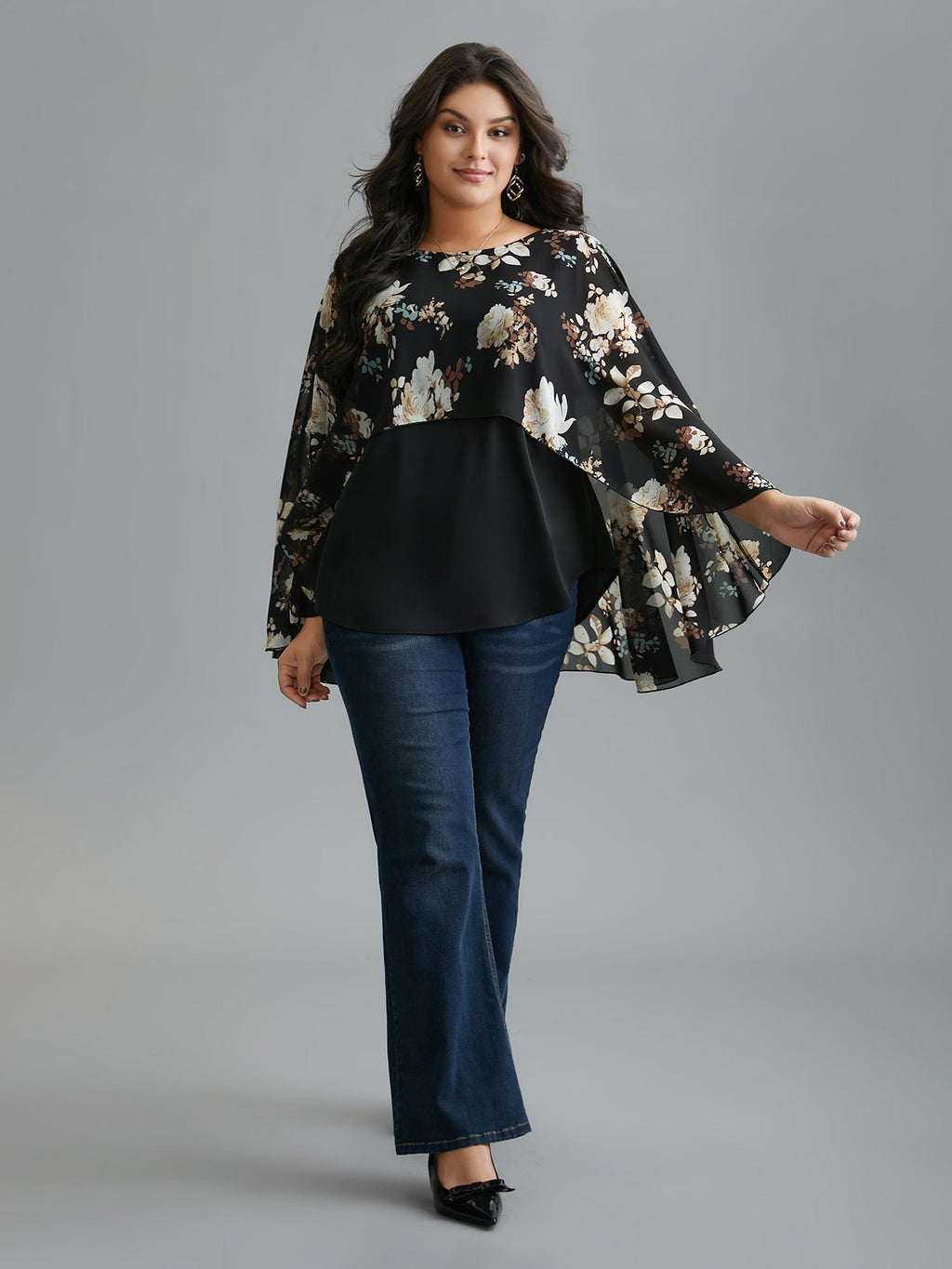 Floral Chiffon High Low Hem Ruffles Blouse