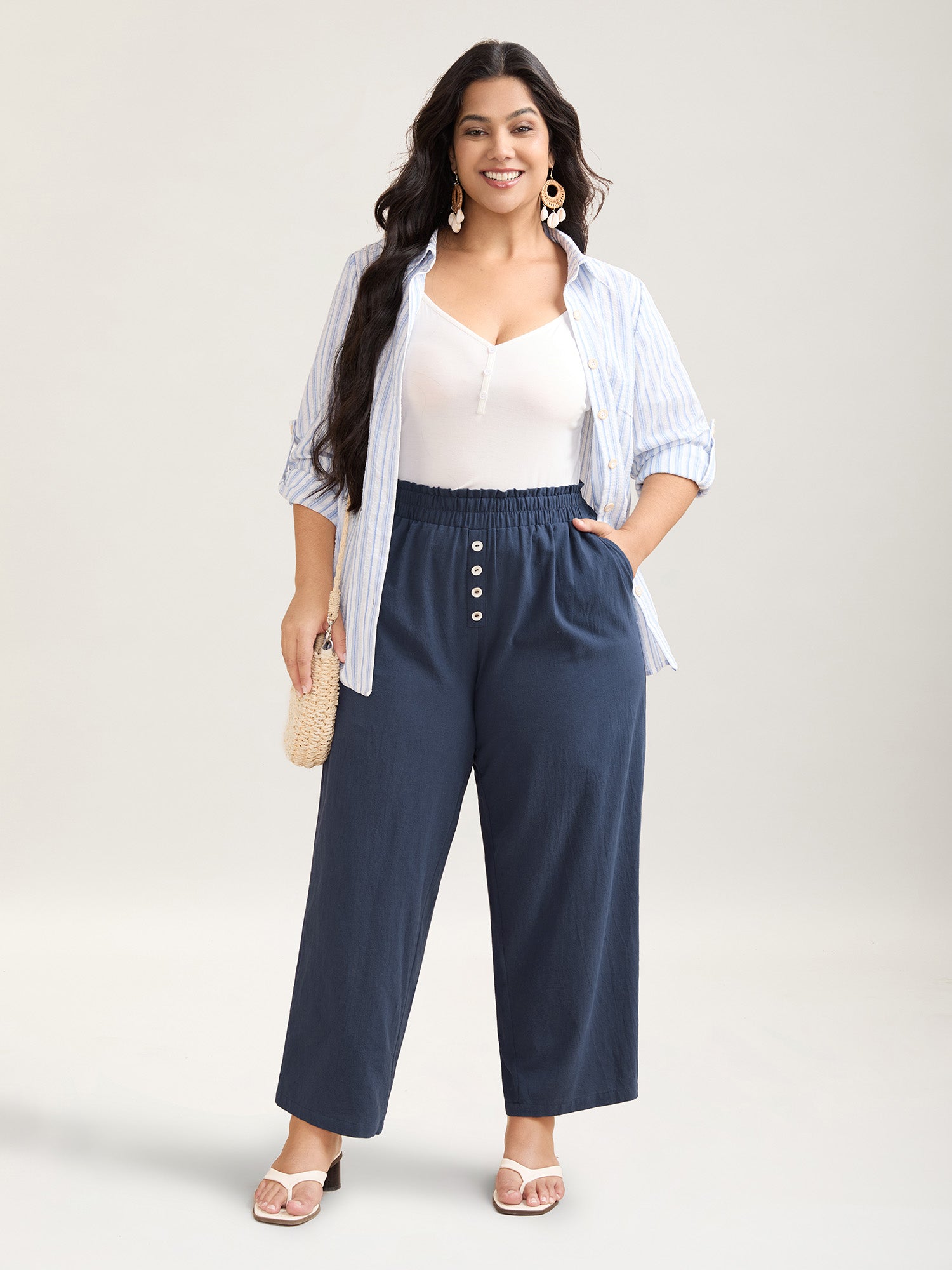 Buckle Buttons Straight-Leg Pull On Pants
