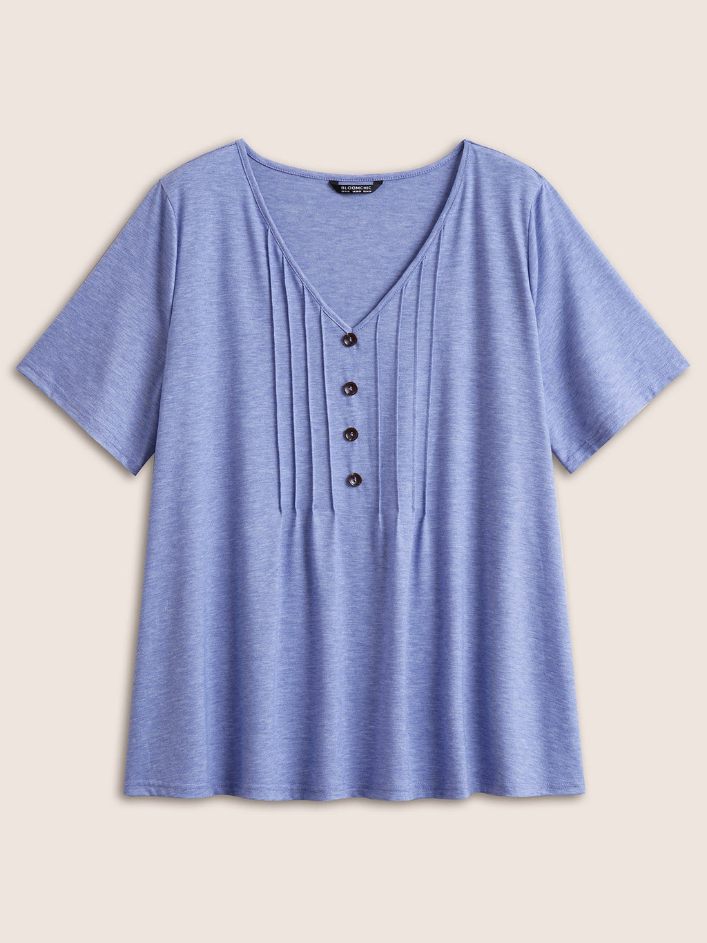 Solid Pleated Front Button Detail V Neck T-shirt