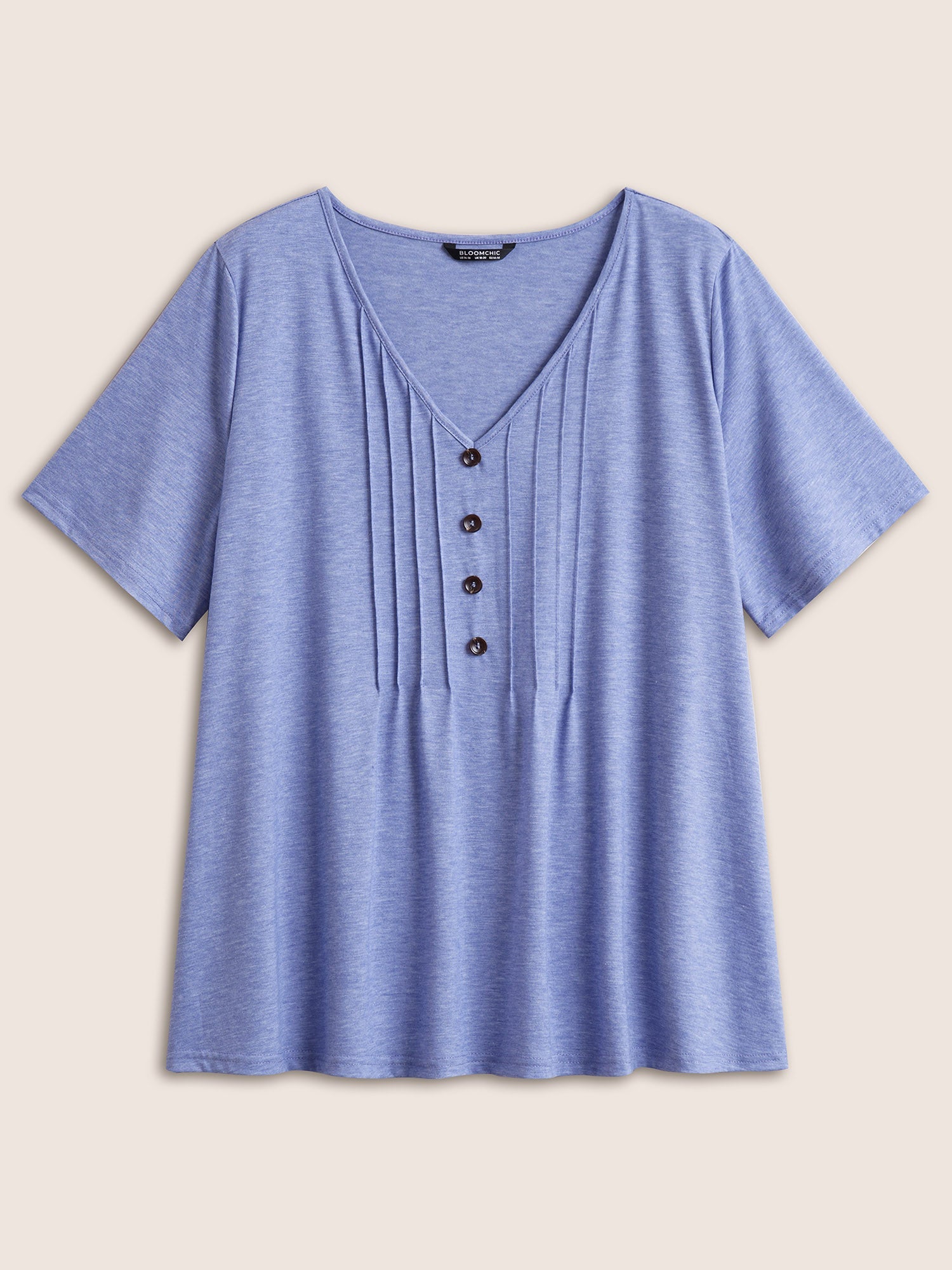 Solid Pleated Front Button Detail V Neck T-shirt