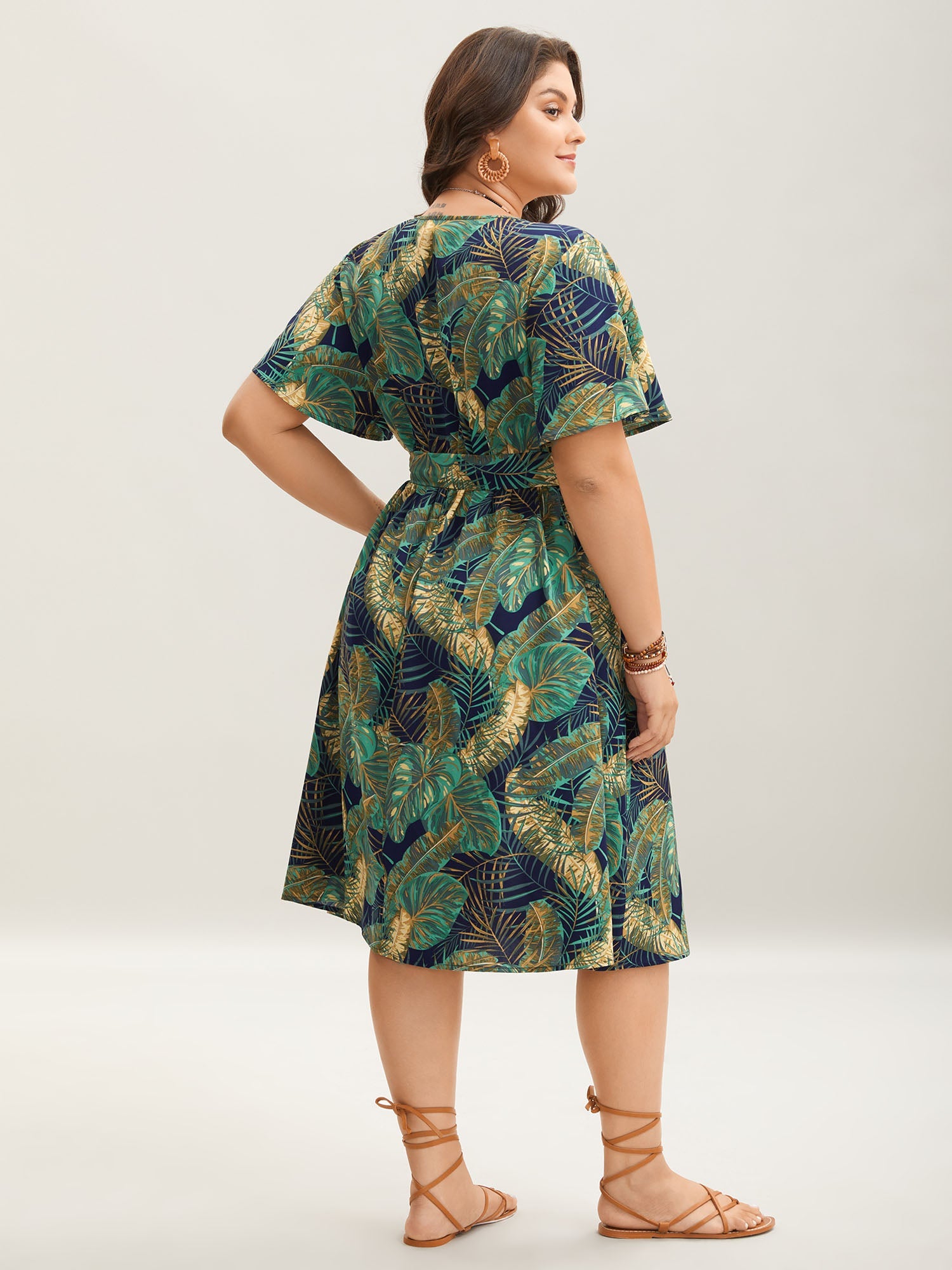 Tropical Print Belted Pocket Midi Dress