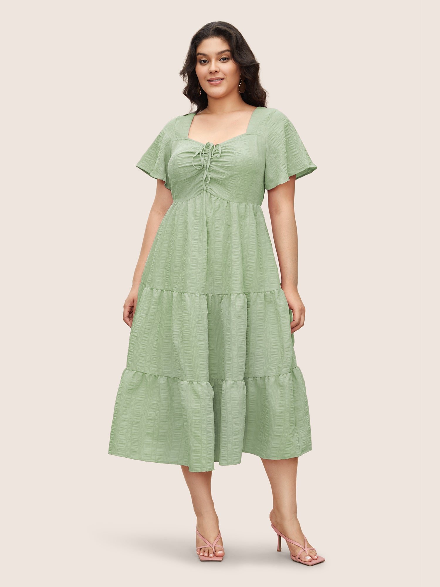 Plain Ruched Drawstring Pocket Ruffle Tiered Dress