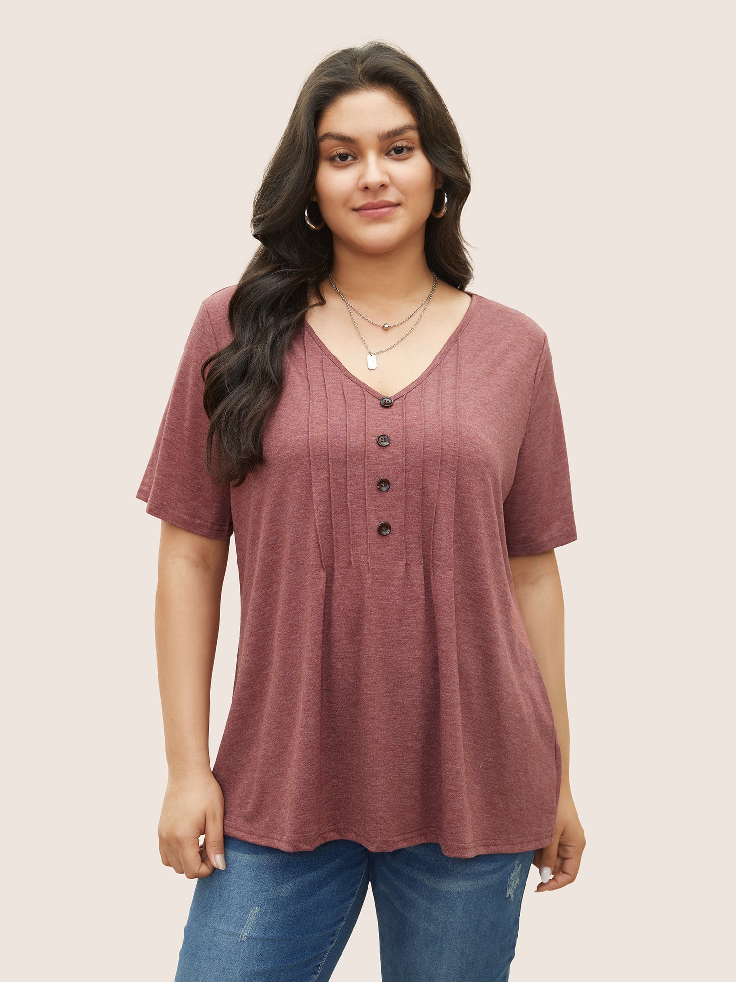 Solid Pleated Front Button Detail V Neck T-shirt