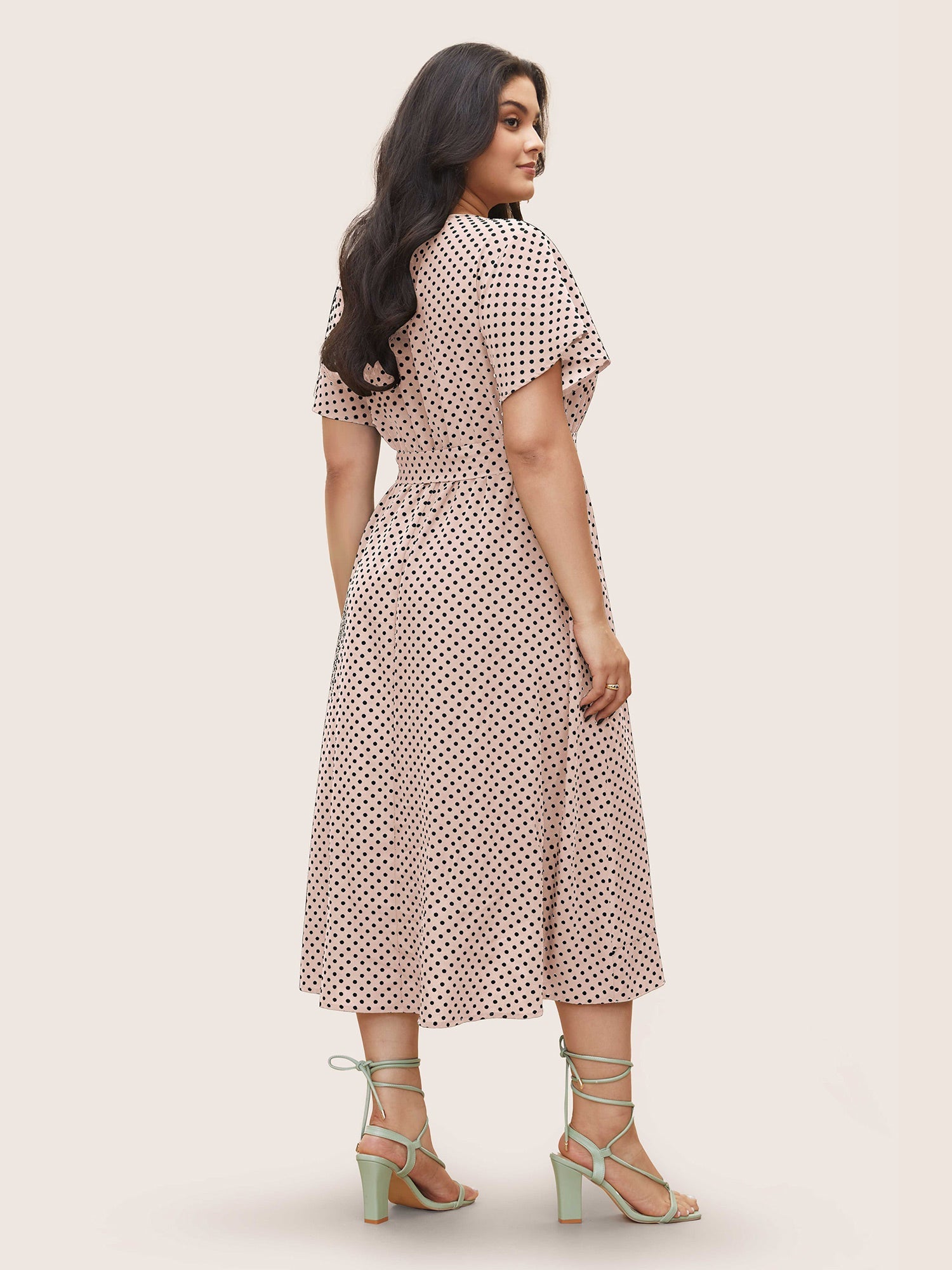 Polka Dot Flutter Trim Belted Overlap Collar Dress