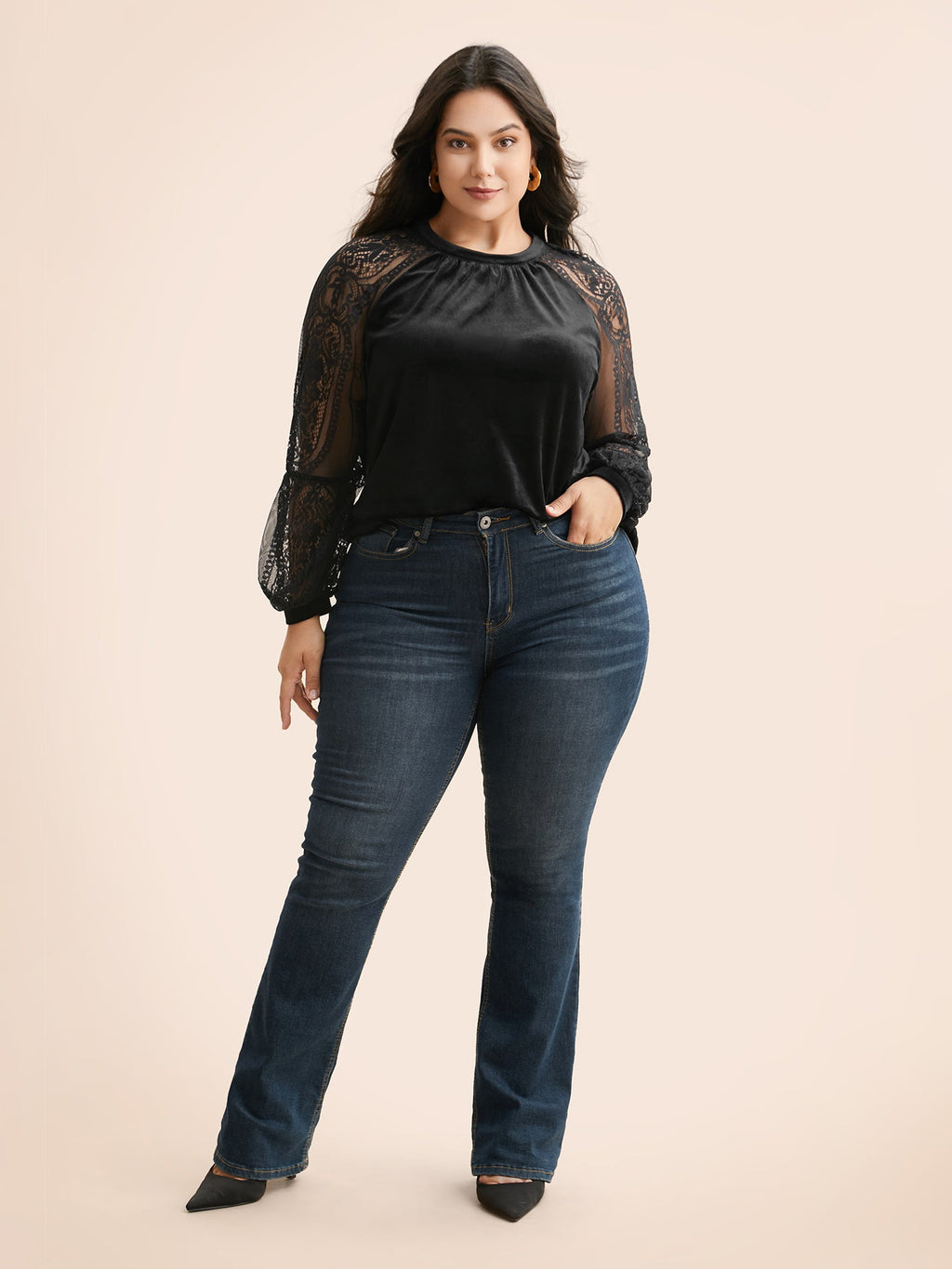 Lace Patchwork Velvet Raglan Sleeve Blouse