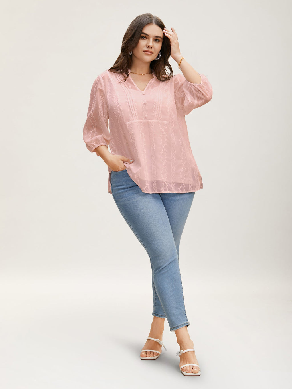 Texture Mesh Button Detail Tucked Seam Blouse