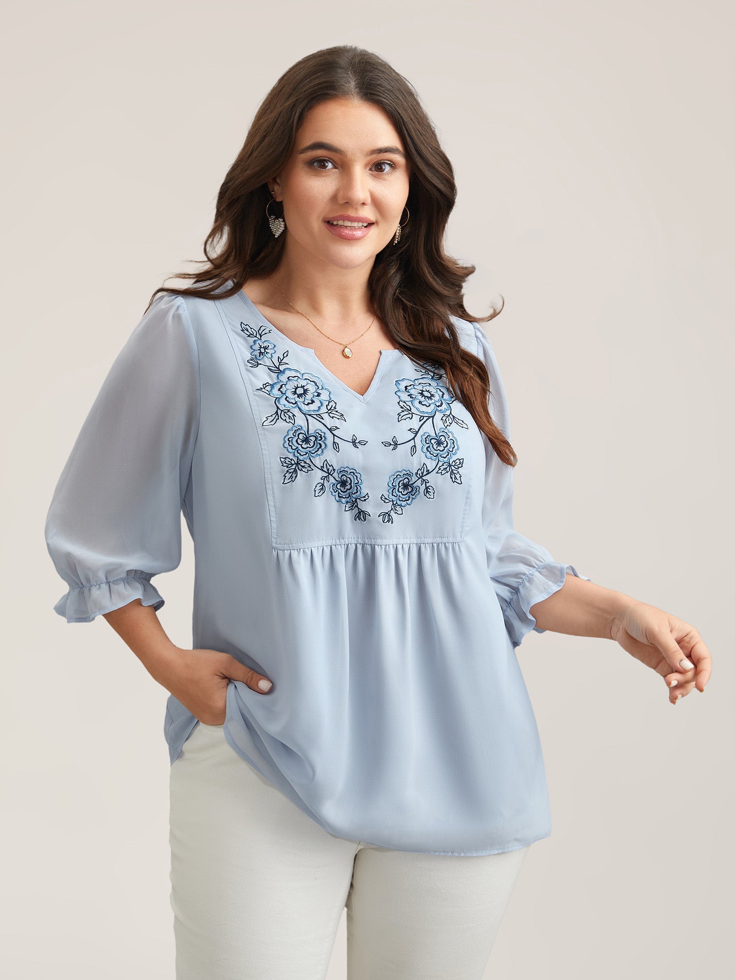 Chiffon Embroidery Puff Sleeve Pleated Shirt