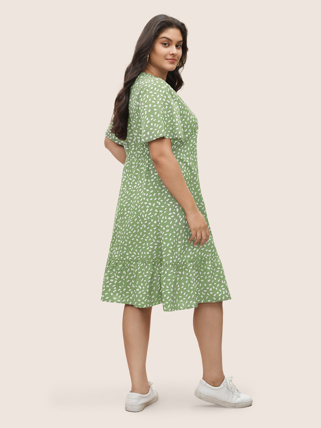 Polka Dot Button Detail Flutter Layered Hem Dress