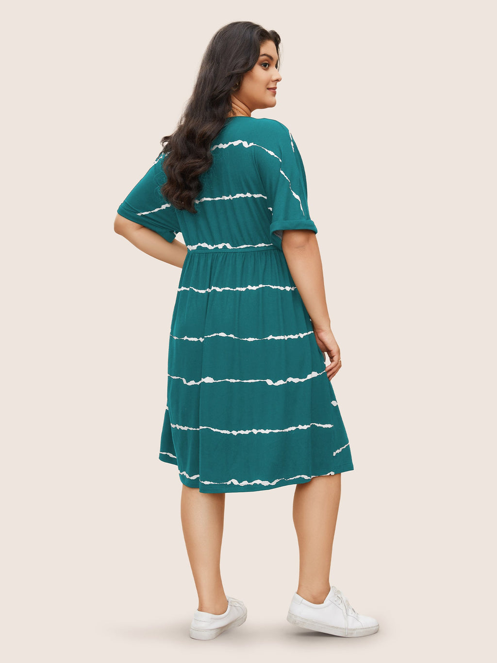 Tie Dye Roll Dolman Sleeve Pocket Gathered Knot Striped Dress
