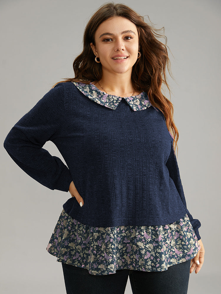 Ditsy Floral Patchwork Button Detail Lapel Collar T-shirt