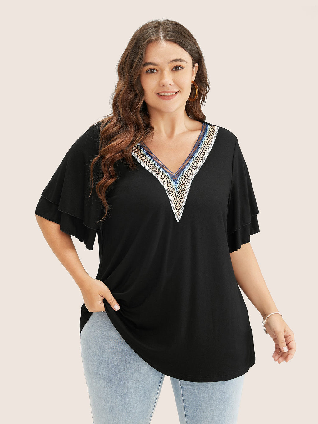 Solid Crochet Lace Ruffle Tiered Sleeve V Neck T-shirt