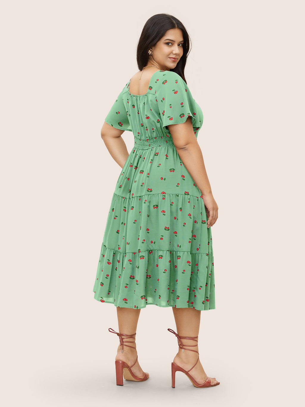 Citrus Fruit Print Heart Neckline Drawstring Pleated Dress