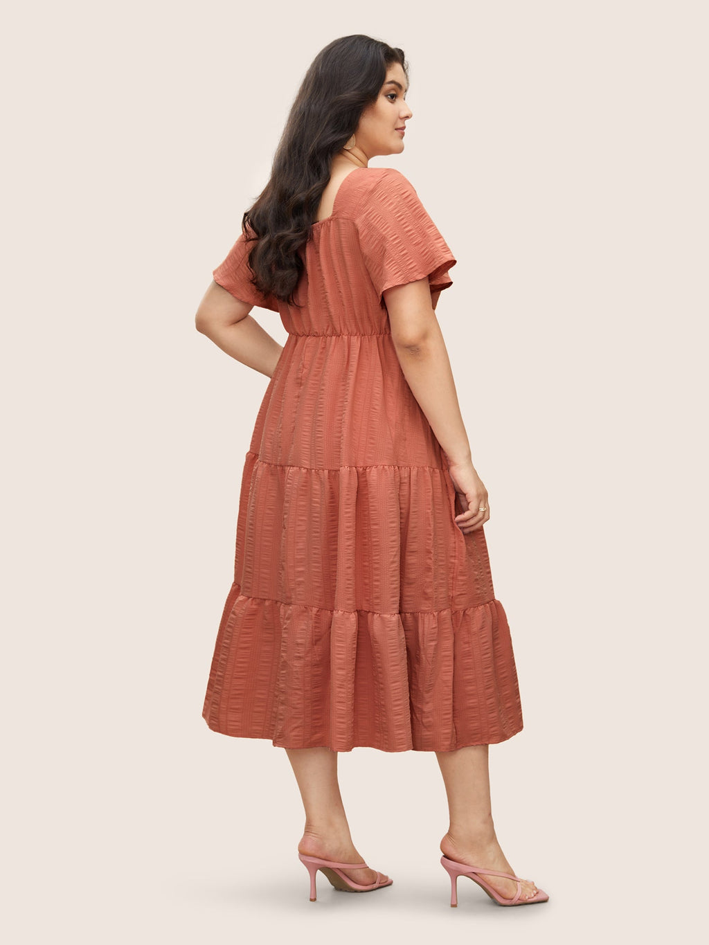 Plain Ruched Drawstring Pocket Ruffle Tiered Dress