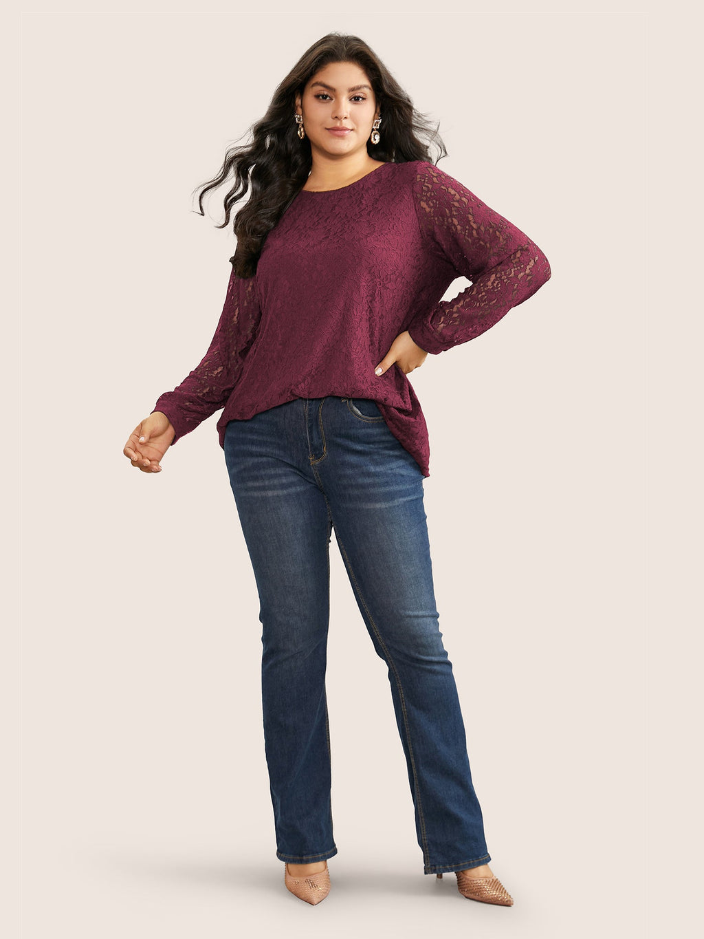 Solid Crochet Lace Mesh Crew Neck Blouse