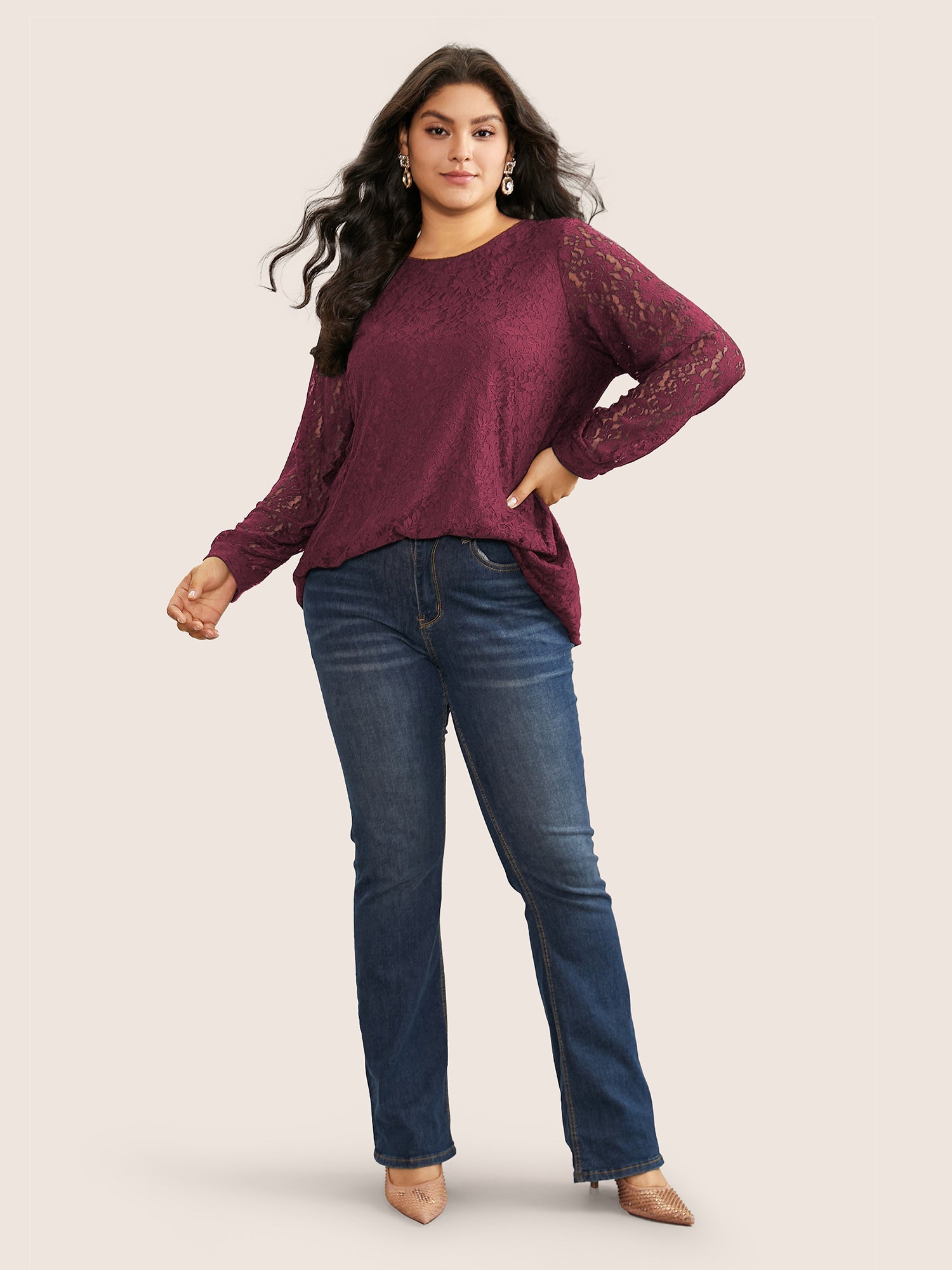 Solid Crochet Lace Mesh Crew Neck Blouse